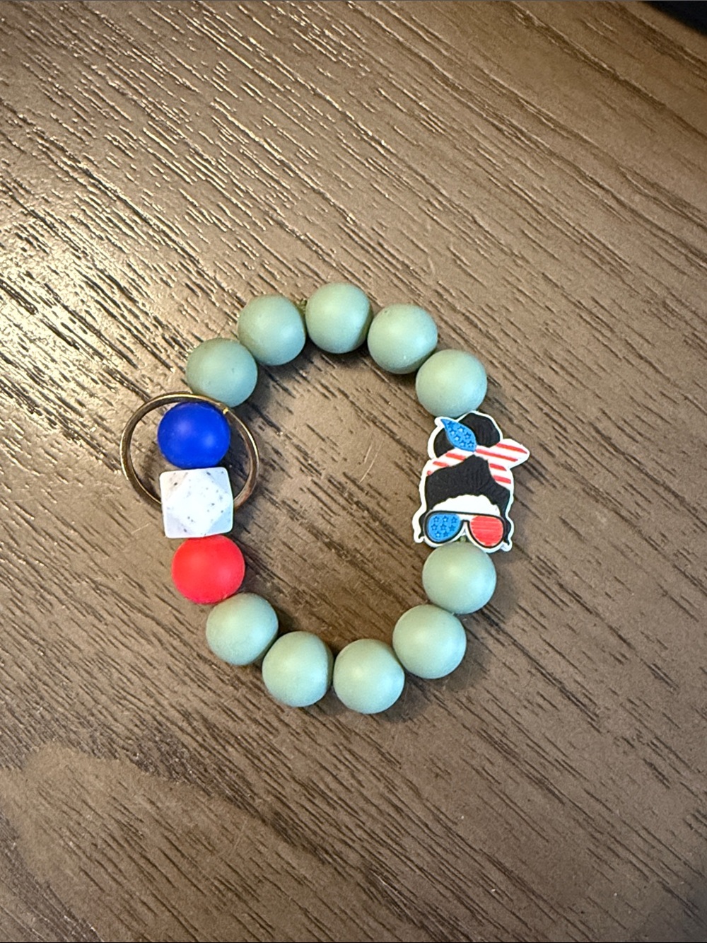 Beaded Silicone Keyring Wristlet - Mint with Red & Blue Accents
